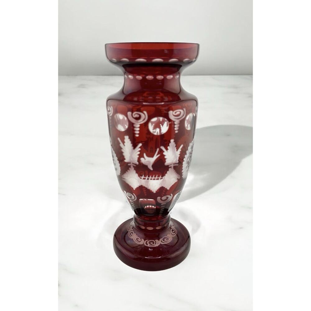 Antique Egermann Ruby Red cut to Clear Crystal Vase Bohemian 1920s Czech Rep